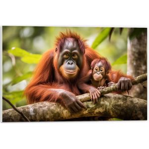 PVC Schuimplaat- Orang Oetan Aap met Baby zittend bij Takken - 60x40 cm Foto op PVC Schuimplaat