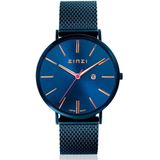ZINZI Retro horloge blauw gekleurde wijzerplaat met rosé wijzers en blauwe stalen mesh band 38mm extra dun ZIW414M