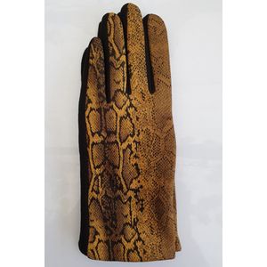 Fleece gevoerde dames handschoenen slangenprint kleur okergeel zwart maat M L