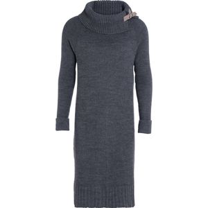 Knit Factory Jamie Gebreide Dames Jurk - Trui jurk dames - Wollen jurk - Herfst- & winterjurk - Wijde jurk - Met warme opstaande kraag - Antraciet - 36/38 - Knielengte