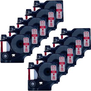 DULA Dymo D1 45012 - S0720520 - Compatible label tape -10 lettertapes - Rood op transparant - 12mm x 7m