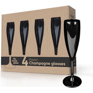 MyDrinkglass Plastic Champagne Glazen Givet Zwart - Set van 4 Stuks - Onbreekbaar - Kunststof Champagneglazen voor de Camping - Herbruikbaar Flute voor Cava of Prosecco - 190 ML