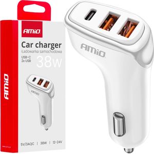 AMiO Autolader Telefoon 2x USB-A + 1x USB-C 38W 12/24V Wit