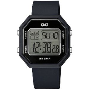 Q&Q-model m206j005-digitaal-herenhorloge-5 bar waterdicht-zwart-kunststof band-led light-alarm-2 tijden-stopwatch-