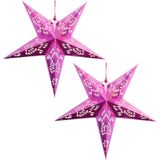 2x Decoratie kerstster lampionnen roze 60 cm - Kerstdecoratie sterren roze