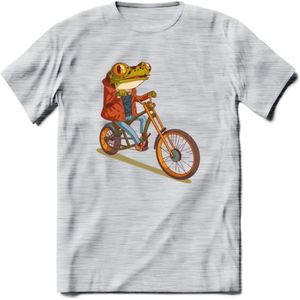 Biker kikker T-Shirt Grappig | Dieren reptiel Kleding Kado Heren / Dames | Animal Skateboard Cadeau shirt - Licht Grijs - Gemaleerd - XL