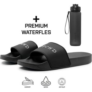 Dutch'D ® Rubberen slipper + Handige Waterfles! - Zwart/wit - Maat 43/44 - anti slip - Comfortabel - Dubbele maten - unisex - Heren Badslippers - Slippers - Badslippers