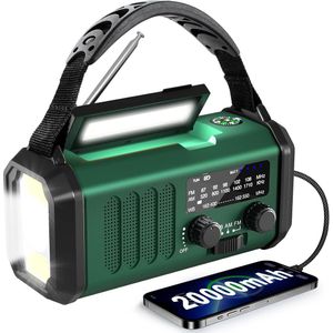 Noodradio - Weerradio - Handmatig aangedreven en op zonne-energie werkende oplaadbare batterij van 20.000 mAh/74.000 mWh - Ingebouwde zaklamp, leeslamp en SOS-functie - AM/FM-radio - Draagbaar - Geschikt voor kamperen en noodgevallen - Militair groe