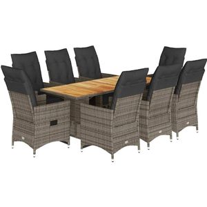 vidaXL - 9-delige - Bistroset - met - kussens - poly - rattan - grijs