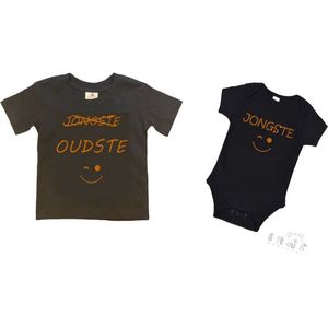 2-pack - T-shirt ""Oudste""- Grote broer/zus T-shirt - (maat 110/116) & Soft Touch Romper ""Jongste"" Zwart/tan maat 56/62 set van 2