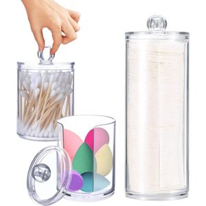Set van 3 wattenstaafjeshouders, wattenstaafjescontainer met deksel, oorstokjescontainerset, opbergdoos-organizer, transparant voor wattenstaafjes, wattenschijfjes, make-uppad, tandzijdestokers