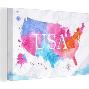 Canvas Wereldkaart - 90x60 - Wanddecoratie Amerika - Wereldkaart - Waterverf