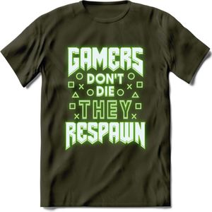 Gamers don't die T-shirt | Neon Groen | Gaming kleding | Grappig game verjaardag cadeau shirt Heren – Dames – Unisex | - Leger Groen - S