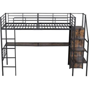 Gotagee Hoogslaper 90x200cm ijzeren bed (zonder matras) metalen bed tweepersoonsbed jeugdbed zwart met bureau kledingkast en opbergtrap
