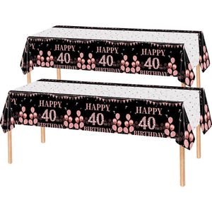 2x Tafelkleed Laken 40 Jaar Verjaardag Versiering Tafeldecoratie Feest Rose/Zwart Tafellaken Plastic Tafelzeil 274*137cm