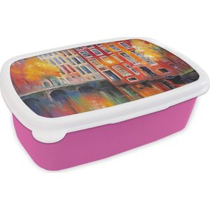 Broodtrommel Roze - Lunchbox Grachtenpanden - Kunst - Schilderij - Amsterdam - Brooddoos 18x12x6 cm - Brood lunch box - Broodtrommels voor kinderen en volwassenen