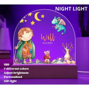Chloris - GEPERSONALISEERD - Nachtlamp voor jongens kinderkamer met elf en draak uniek design- 7 verschillende kleuren - lichtintensiteit instelbaar - USB opladen