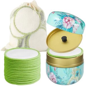 wasbare wattenschijfjes - herbruikbare wattenschijfjes - katoen - in mooi bewaarblik en was zakje - groen met bloemmotief