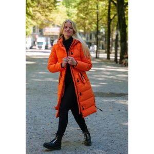 Lange dames winterjas - Gewatteerd en getailleerd - Oranje - Maat S (36)
