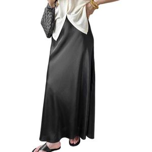 Zwarte satijnen lange rok met hoge taille voor dames (XL-maat) - Zomerse elegantie