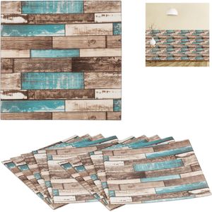 Relaxdays houtstrips set van 10 - zelfklevend - snijdbaar - 3D - wandbekleding houtlook - 70x70 cm - bruin-turkoois