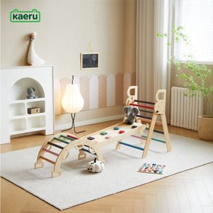 Kaëru® Houten klimrek - 6 in 1 - Met krijtbord en houten alfabetpuzzel - Kleurrijke driehoek met glijbaan - Klimboog - Gemaakt van Nieuw-Zeelands dennenhout - Speeltoestellen voor binnen - Peutergym - Educatief houten speelgoed