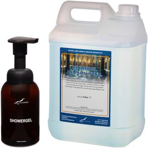 Zeepdispenser 300 ml amber bruin hervulbaar + 5 liter Showergel Hammam Herbal navulling
