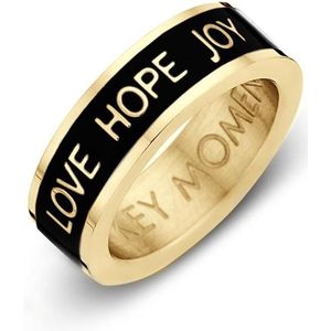 Key moments 8KM-R0002-50 Stalen Ring - Dames - Zwart - Emaille - LOVE HOPE JOY - Maat 50 - Staal - goudkleur