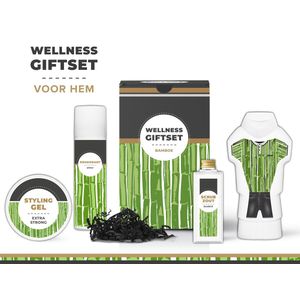 Geschenkset ''Wellness"" - 4 Producten | Cadeau Man - Giftset - Luxe Cadeaubox - Gift Set - Bamboe - Douchegel - Deodorant - Scrubzout - Styling Gel - Verjaardag - Vaderdag - Vader - Broer - Vriend