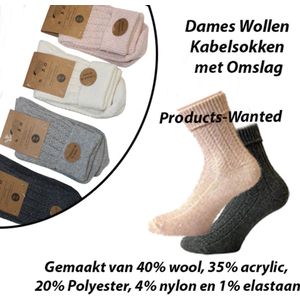 4-Paar Wollen Kabelsokken met Omslag in 2 Kleuren Roze en Ecru