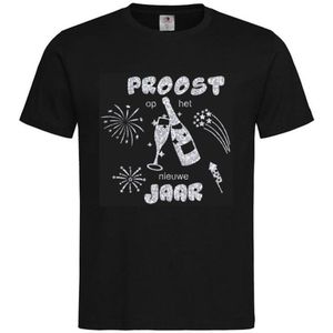 T-shirt Unisex Volwassenen Gelukkig Nieuwjaar Feest Jaarwisseling Happy New Year Oud en Nieuw ""Proost op het nieuwe jaar"" Op Voorkant | korte mouw | Zwart/Zilver GLITTER | maat XXL