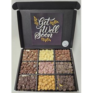 Chocolade Callets Proeverij Pakket met Mystery Card 'Get Well Soon' met persoonlijke (video) boodschap | Chocolademelk | Chocoladesaus | Verrassing box Verjaardag | Cadeaubox | Relatiegeschenk | Chocoladecadeau