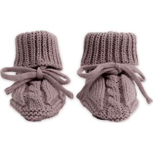 Lodger - Gebreide babyslofjes - paars - 0-6 maanden - kabel design - met strik