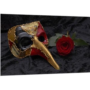 Forex - Goud/Rood Masker met Rode Roos - 150x100cm Foto op Forex