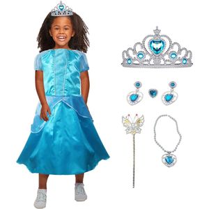 Allerion Prinsessenjurk Meisje Blauw – Verkleedkleren Elsa Frozen – Blauw Prinsessen Jurk – Inclusief Accessoires – Maat 100-140cm / 3 tot 8 jaar