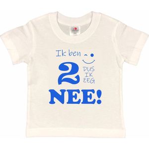 T-shirt Kinderen ""Ik ben 2 dus ik zeg NEE!"" | korte mouw | wit/blauw | maat 98/104