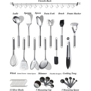 Keukengerei Set 38 Stuks, Roestvrij Staal Kookgerei Set, Keuken Gadgets, Met houder en haken om keukengerei op te hangen, Vaatwasserbestending
