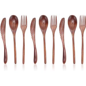 Houten lepels vork mes tafelgerei Kit - Set van 9 stuks voor thuis, cafe en restaurant