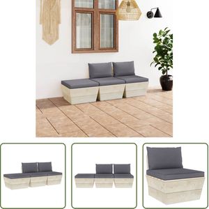 The Living Store Pallet Loungeset - 3-delig - geïmpregneerd vurenhout - antraciet - 60x60x65cm - inclusief kussens