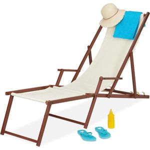 Ligstoel hout stof 3 ligstanden met armleuningen en voetsteun 120 kg zonnestoel beige beach sling chair