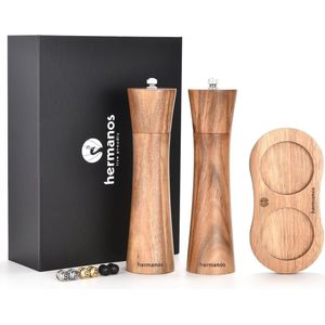 Peper en Zoutmolen Set Handmatig Acaciahout Hermanos®- Peper- & Zoutstel - 22 cm - Verwisselbare knoppen zwart, zilver en goud - Instelbare maalgraad - BBQ Accessoires