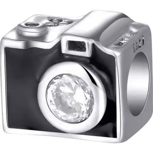 Tracelet - Zilveren bedels - Bedel Camera | Zilver en zwart | 925 Sterling Zilver - Pandora compatible - Met 925 zilver certificaat - In mooie cadeauverpakking - Valentijn