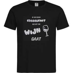 T-shirt Unisex Volwassenen wijn - carnaval - kermis - feestje - grappig Tekst ""Ik heb geen ruggegraat als het om wijn gaat"" Op Voorkant | korte mouw | Zwart/Zilver GLITTER | maat L