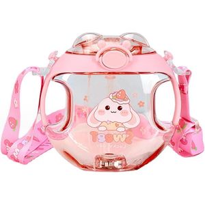 Waterbeker met Handvat en Draagkoord - 450 Ml - Rietjesbeker met Sprayfunctie - Schattige Cartoonuitstraling - Roze