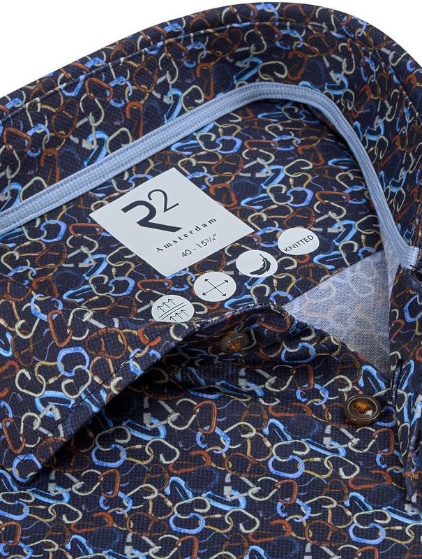 R2 - Overhemd - Donkerblauw - Patroon