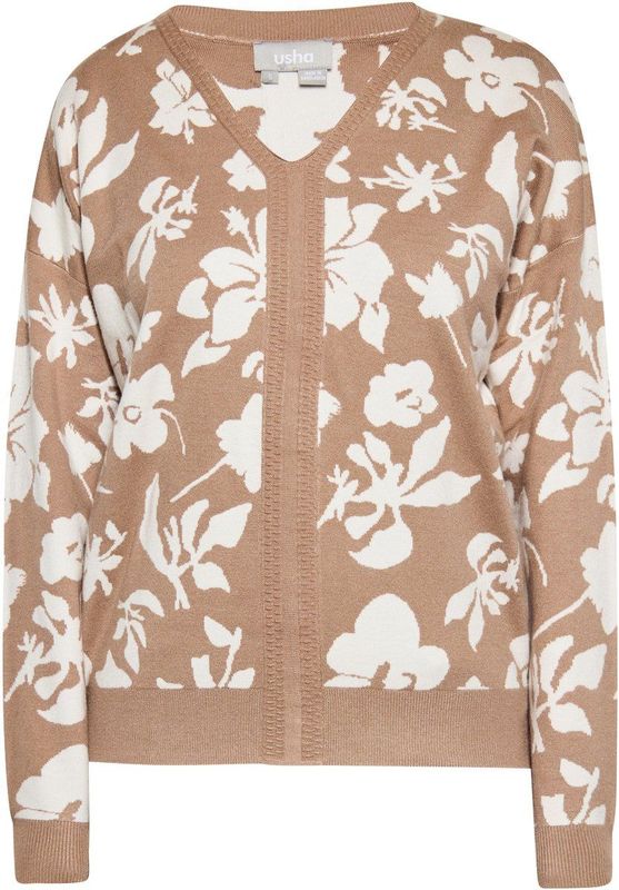 Usha - Trui - Lichtbruin/Wit - V-hals - Bloemenprint