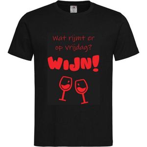 T-shirt Unisex Volwassenen Lol - carnaval - kermis - feestje - grappig - weekend Tekst ""Wat rijmt er op vrijdag? Wijn!"" Op Voorkant | korte mouw | Zwart/rood | maat XXL