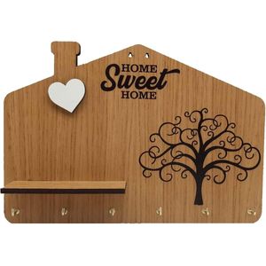 Sleutelbord van MDF-hout, met het opschrift ""Home Sweet Home"", gegraveerde levensboom en hartje in reliëf, met plank, 6 haken, kleur: hout. Geweldig cadeau-idee