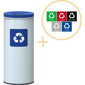 Alda Eco Nord White Bin, Prullenbak - 45L - Wit/Blauw - Afvalscheiding Prullenbakken - Gemakkelijk Afval Scheiden – Recyclen - Afvalemmer - Vuilnisbak voor huishouden en kantoor - Afvalbakken - Inclusief 5-delige Stickerset