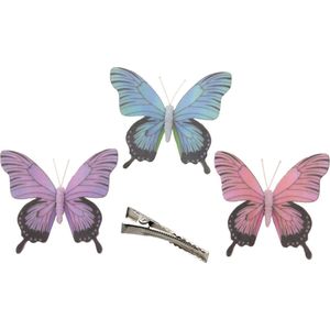 Othmar Decorations Kerst Decoratie vlinders op clip - 3x stuks - paars/blauw/roze - 12 cm
